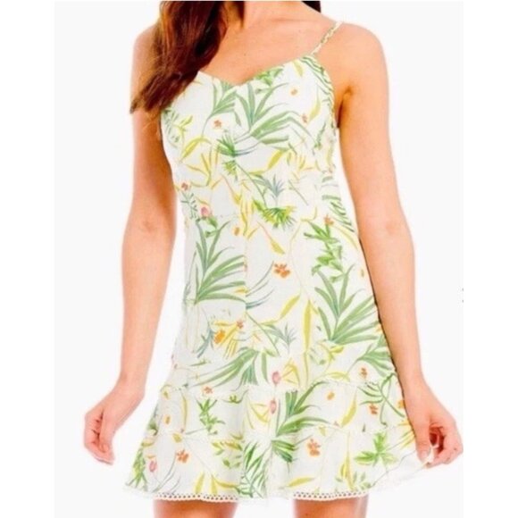A Loves A Womens Floral Linen Blend Mini Dress Green Cream Sleeveless size 4 - Picture 2 of 13